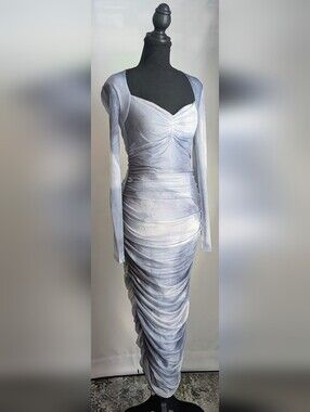 NWT Express Blue Print Mesh Sweetheart Neckline Ruched Midi Dress Size S